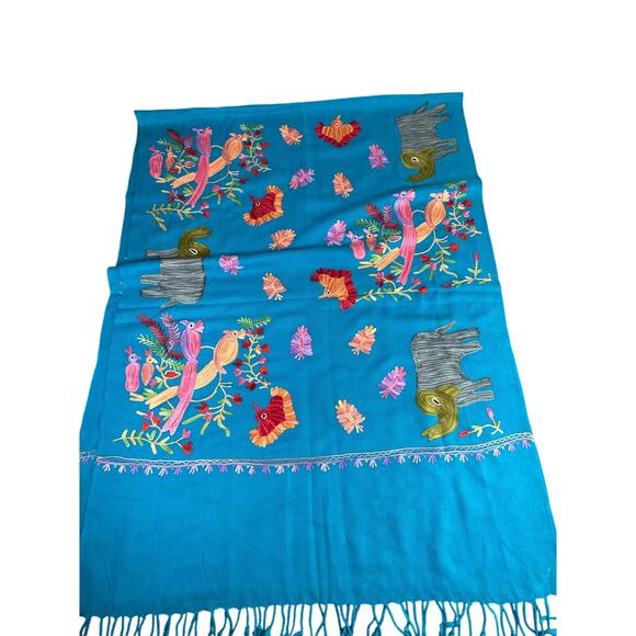 LA LO LA- Vibrant Blue embroidered Shawl with tassels-  80x30" preowned birds - Picture 3 of 9